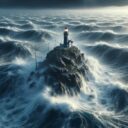 A lighthouse on a rocky island, in the middle of a stormy, wavy, foamy ocean