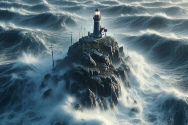 A lighthouse on a rocky island, in the middle of a stormy, wavy, foamy ocean