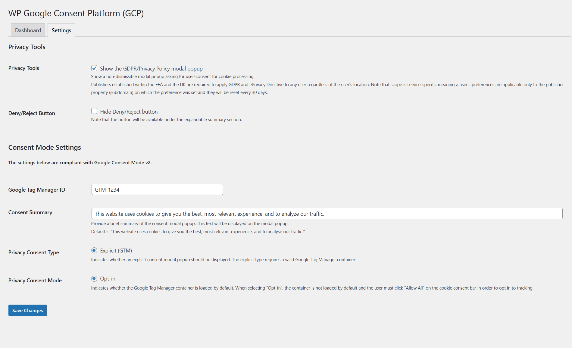 WP Google Consent Platform (GCP) Settings