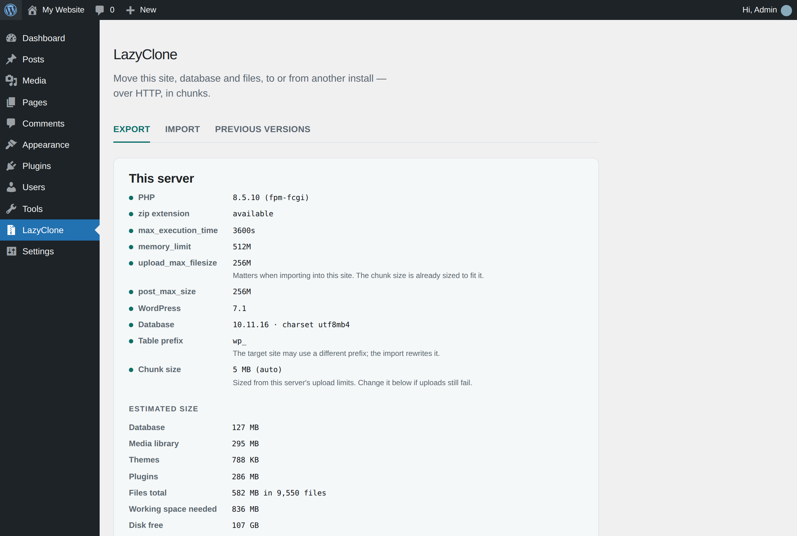 LazyClone Export tab showing the server check and estimated site size