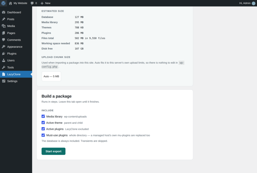 LazyClone Build a package card with media, theme and plugins ticked