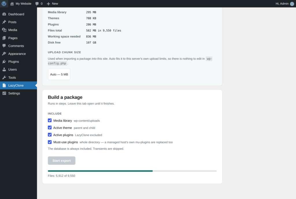 LazyClone export in progress with a progress bar