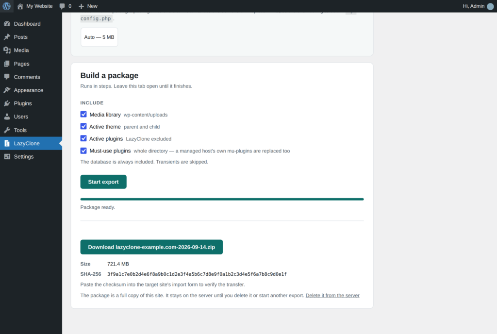 LazyClone export finished with a download button and checksum