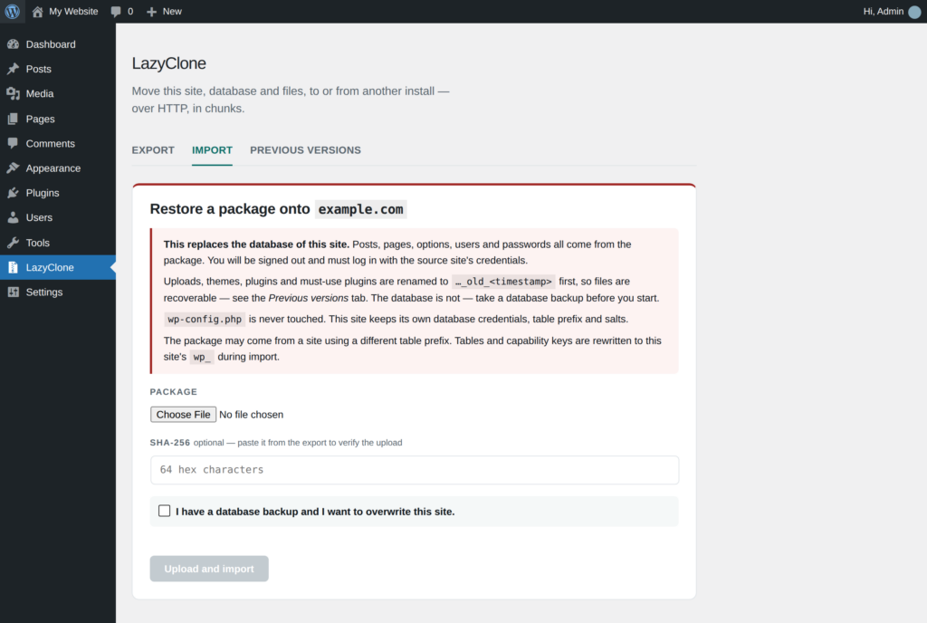 LazyClone Import tab with the safety notice and package upload form
