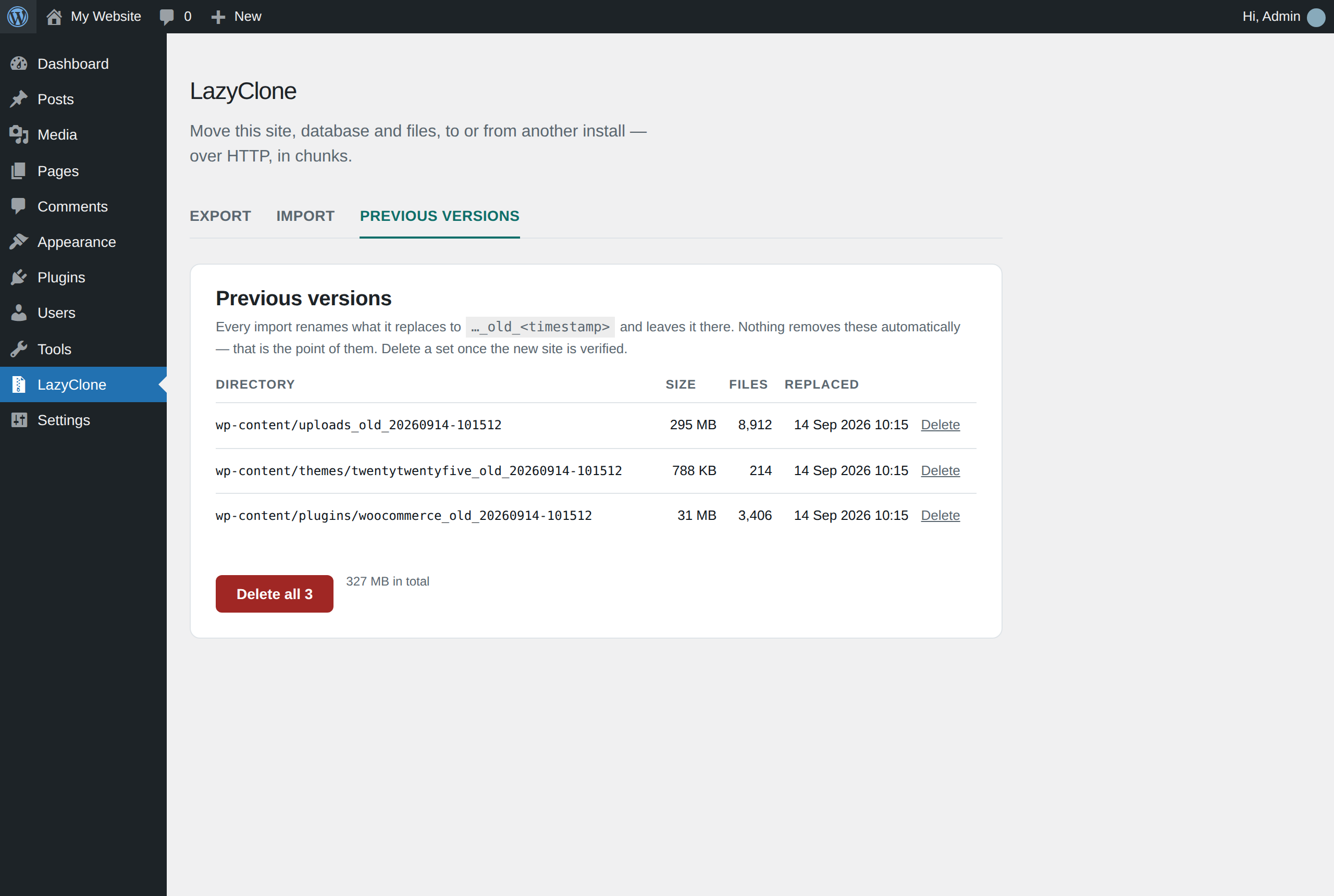 LazyClone Previous versions tab listing dated backup folders