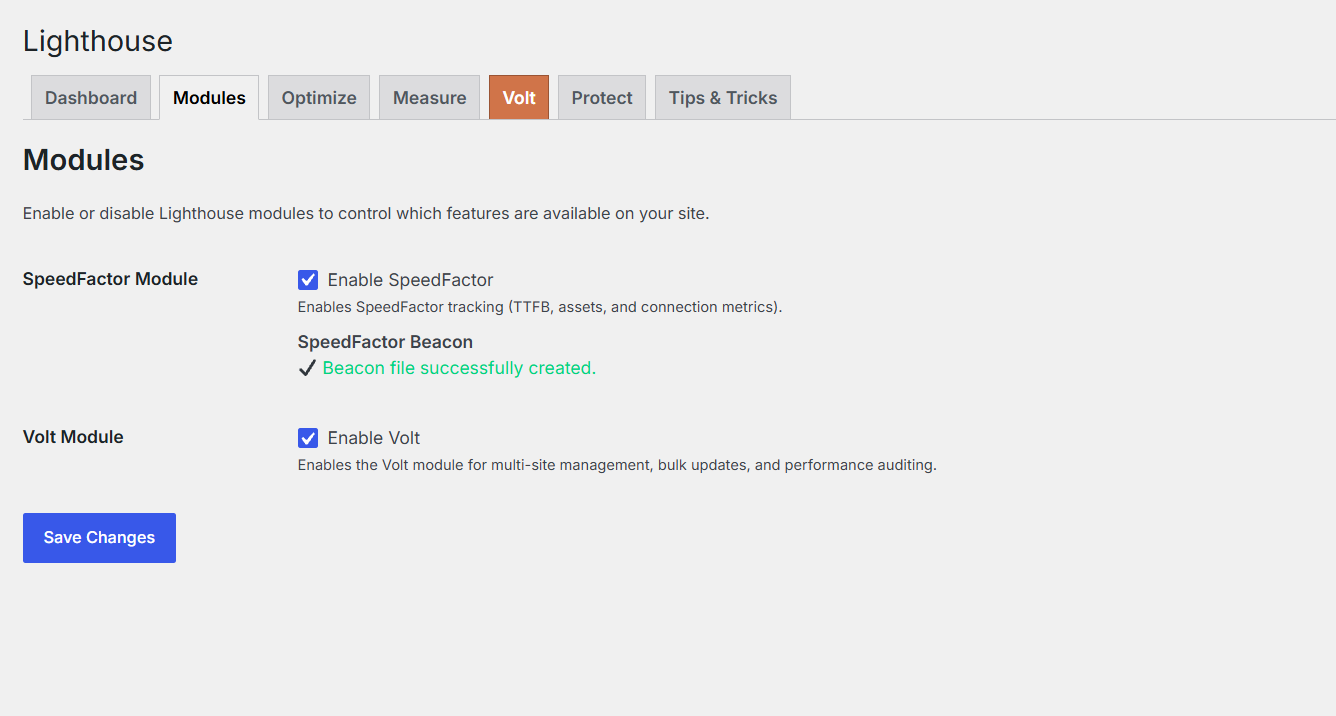 Lighthouse Modules tab with toggles to enable the SpeedFactor and Volt modules