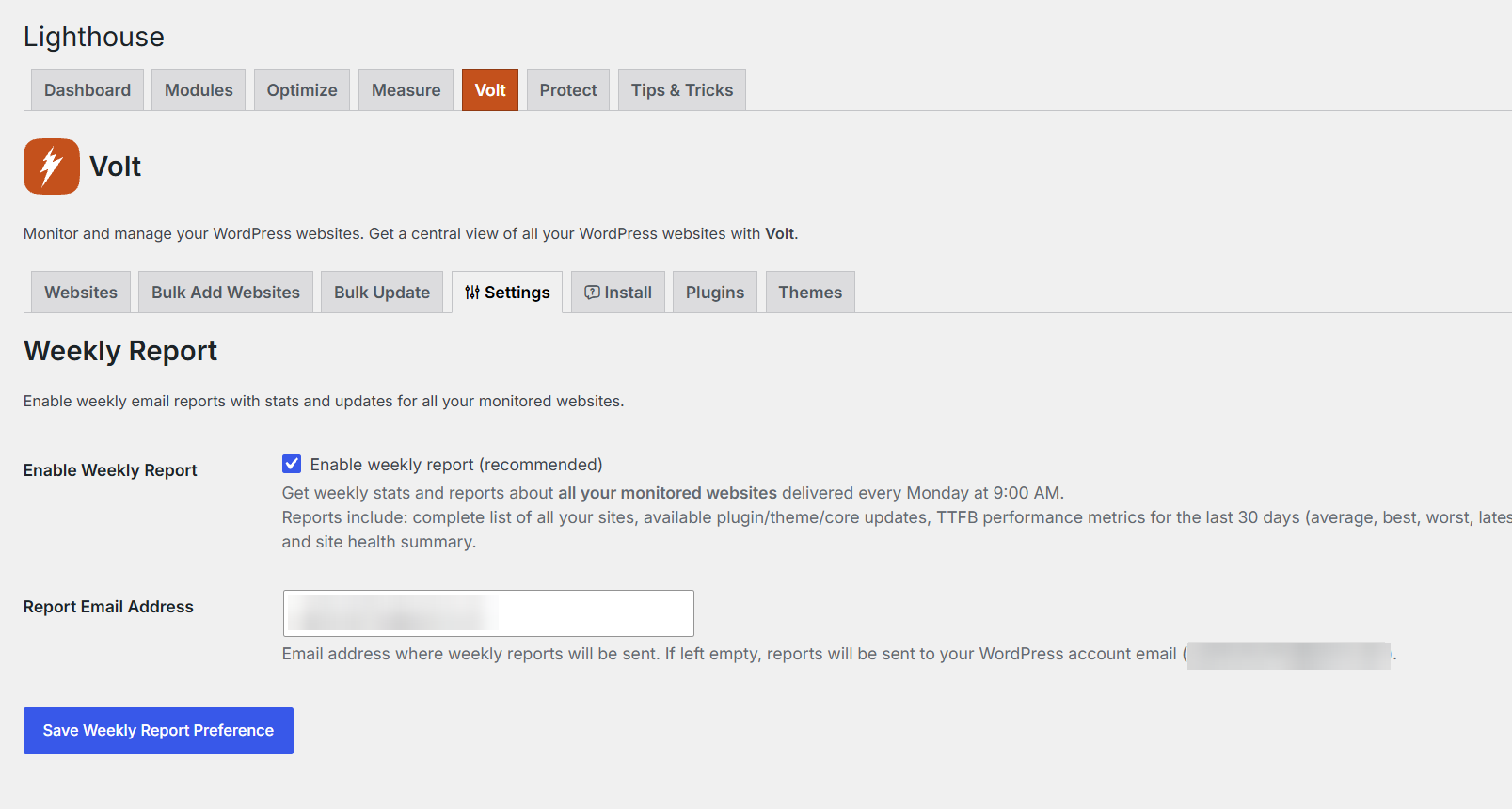 Volt Weekly Report settings with the enable checkbox and report email address field, email address blurred