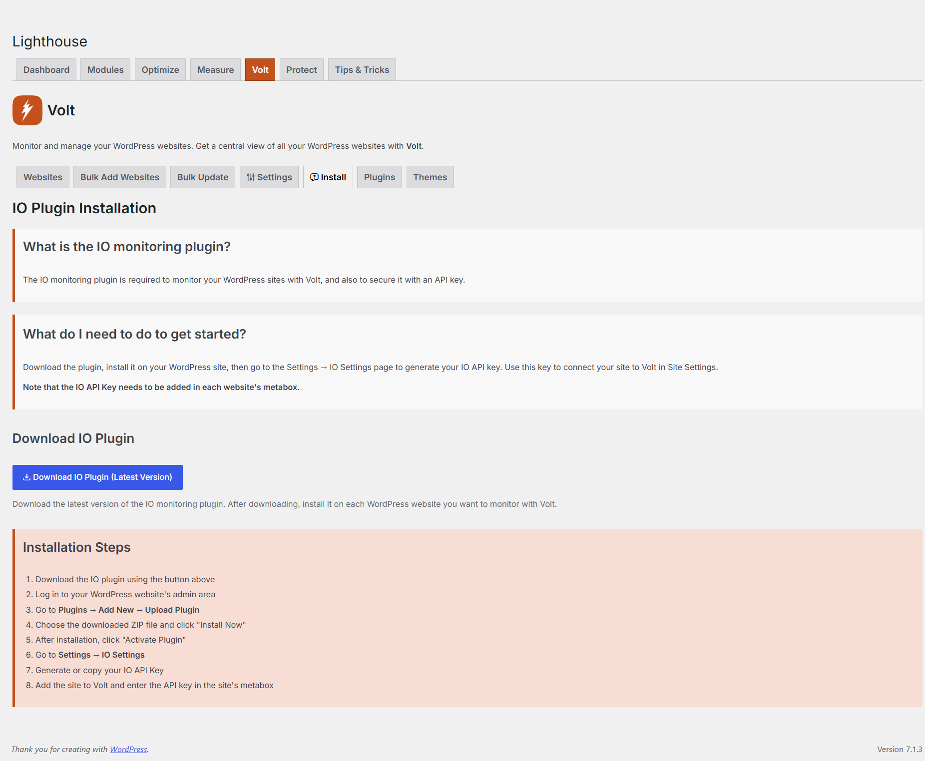 Volt Install tab explaining the IO monitoring plugin, with a Download IO Plugin button and eight installation steps